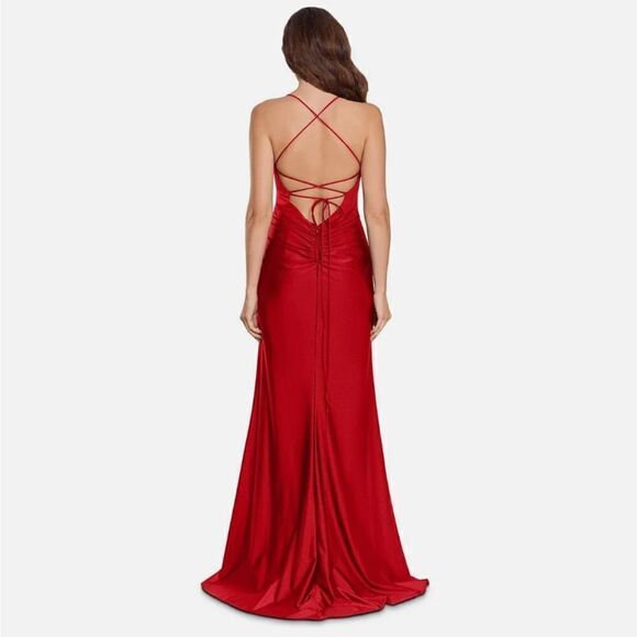 XSCAPE NWT Lace Up Jersey Gown Size 2 Red V Neck Ruched Slit Dress - Picture 3 of 5